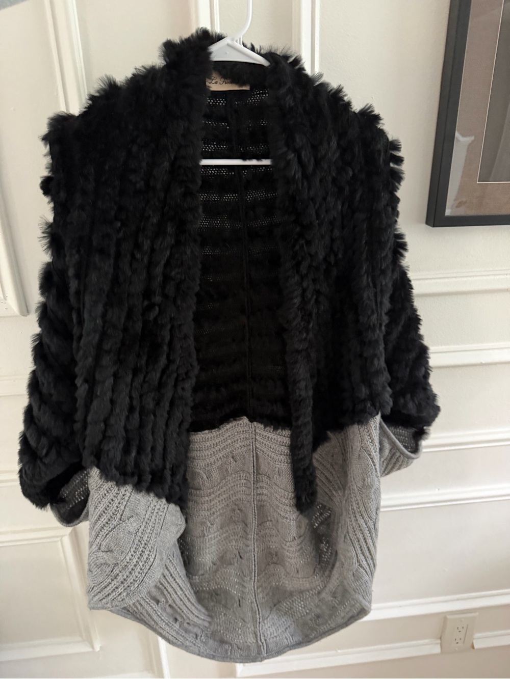 La Fiorentina Real Rabbit Fur & Cable Knit Two-Tone Poncho Cape Wrap